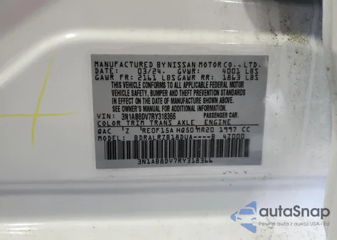 2024 Nissan Sentra Sr из США, поврежденный, VIN 3N1AB8DV7RY318366